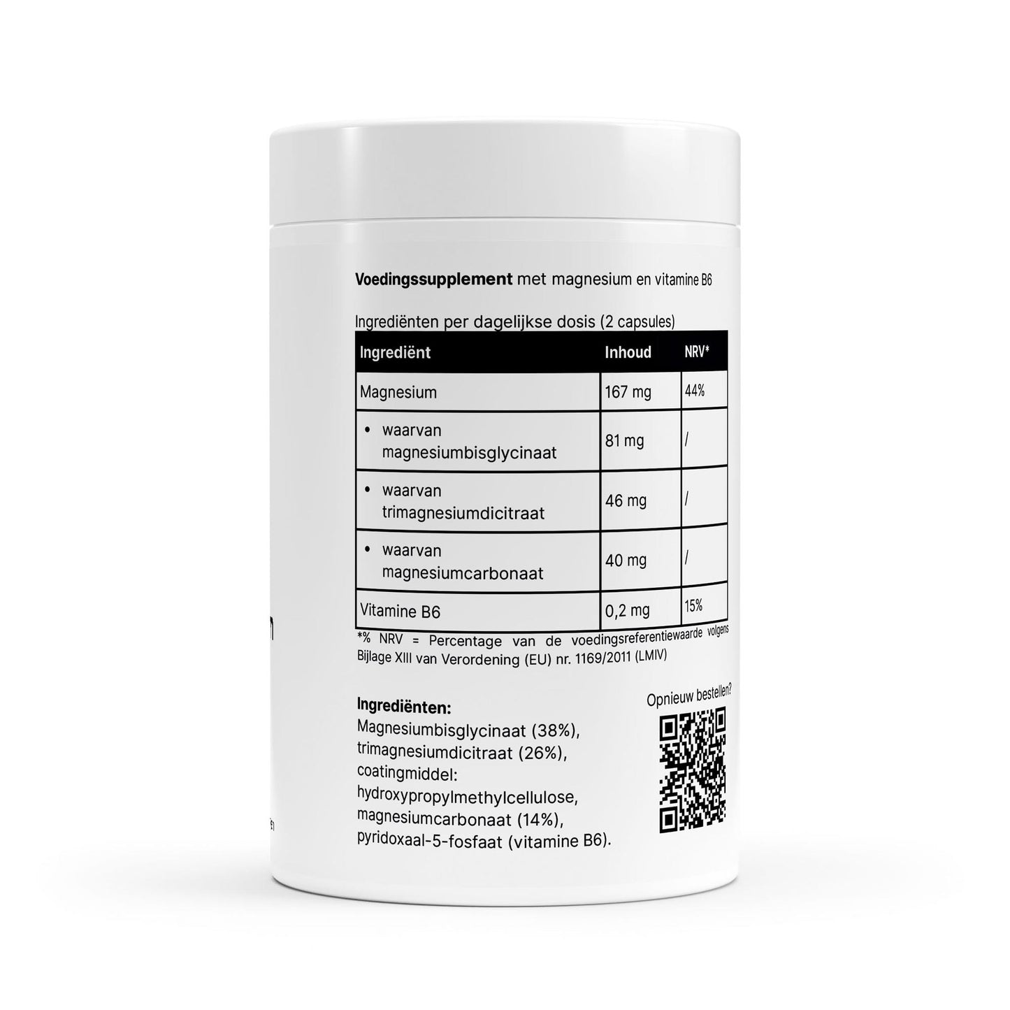 Witte plastic bus met magnesium bisglycinaat complex capsules, met ingrediënten