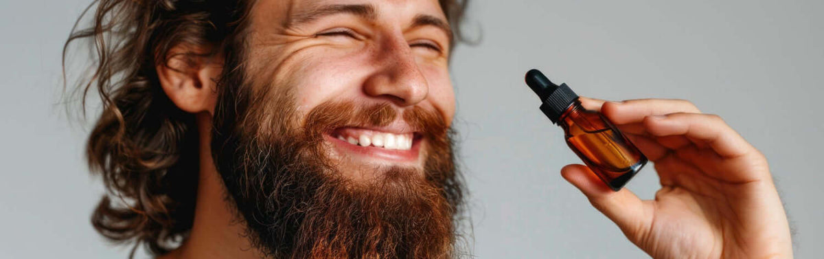 Een man met een baard die een flesje baardolie tegen jeuk vast heeft