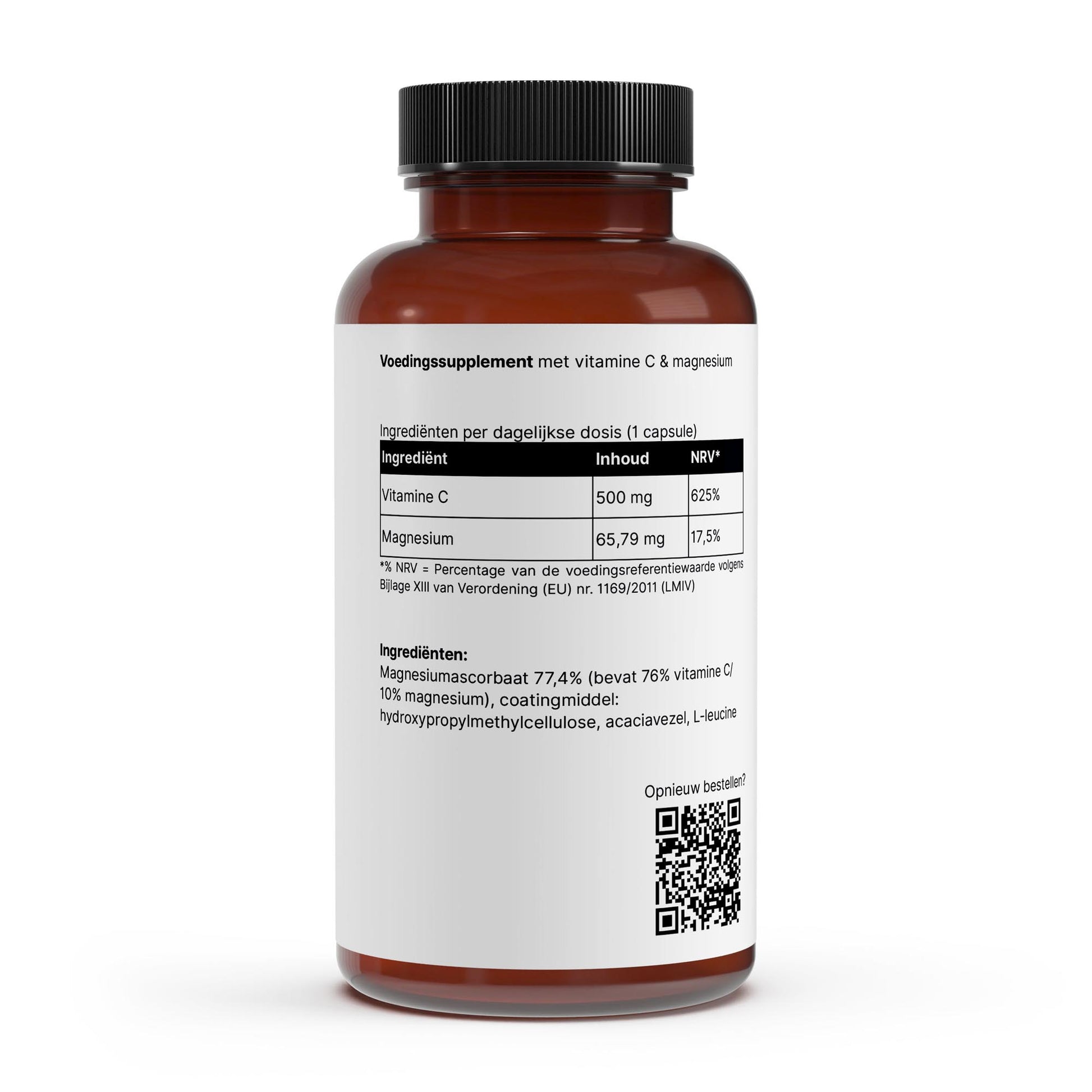 Vitamine C Gebufferd voedingssupplement fles met ingrediëntenlijst en informatie over vitamine C en magnesium.