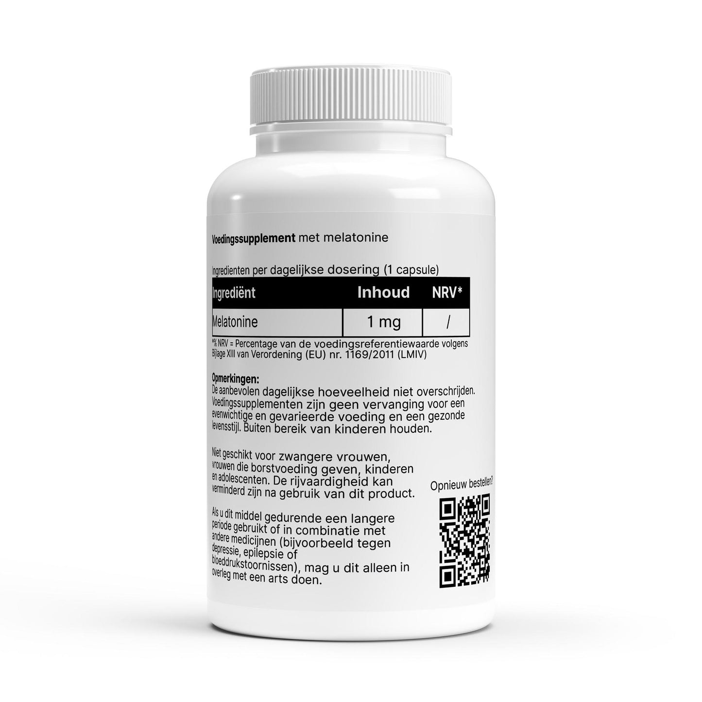 Melatonine supplementfles met ingrediënten en dosering voor een rustige avondroutine.