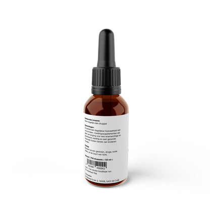 Bruin glazen pipet met vitamine D3 en K2 druppels, met gebruiksaanwijzingen