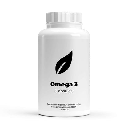 Omega 3 visolie capsules voor hartgezondheid en focus in een witte fles.
