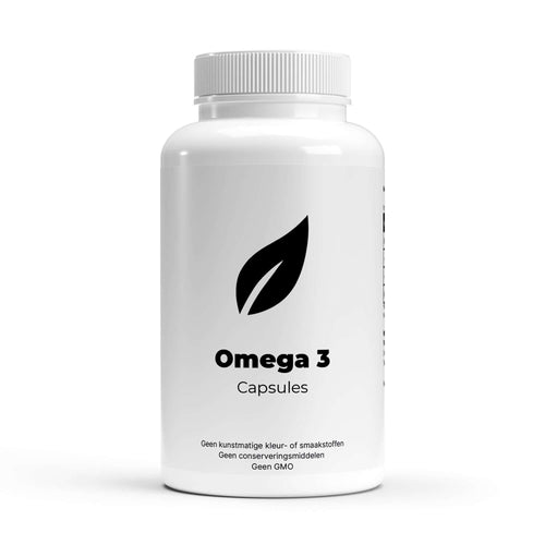 Omega 3 visolie capsules voor hartgezondheid en focus in een witte fles.