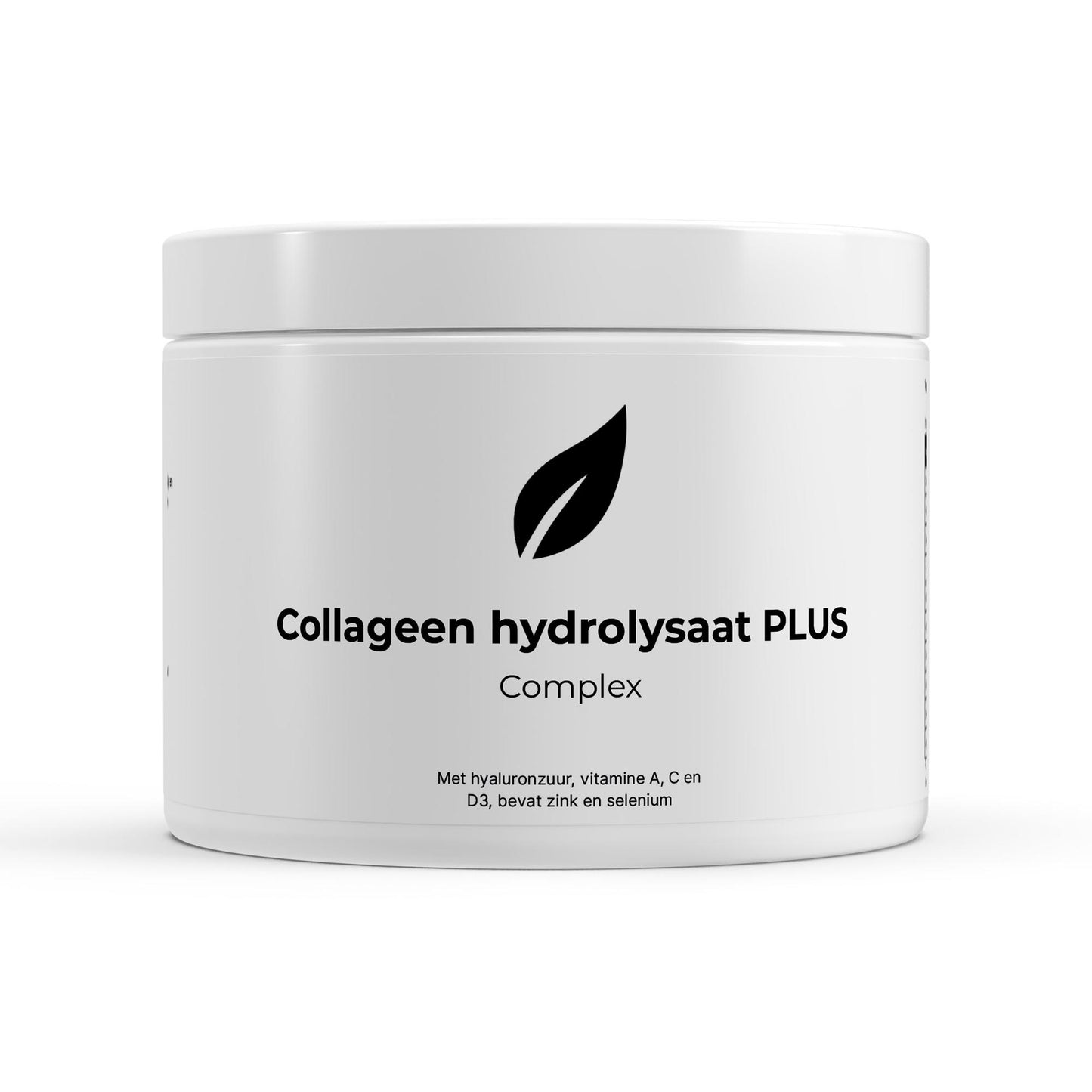 Witte plastic bus met collageen capsules, met hyaluronzuur, zinc, selenium en vitamine A, C en D3