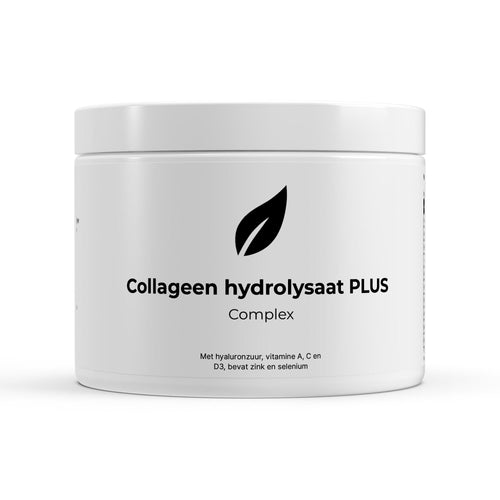 Witte plastic bus met collageen capsules, met hyaluronzuur, zinc, selenium en vitamine A, C en D3