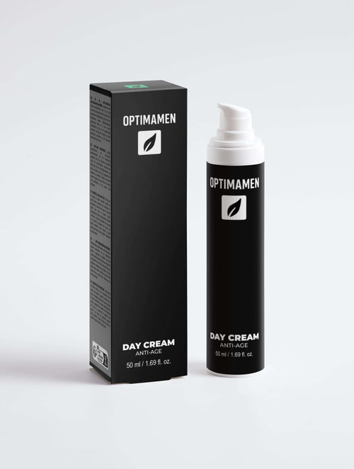 Anti age dagcrème voor mannen in zwarte verpakking, op een witte achtergrond