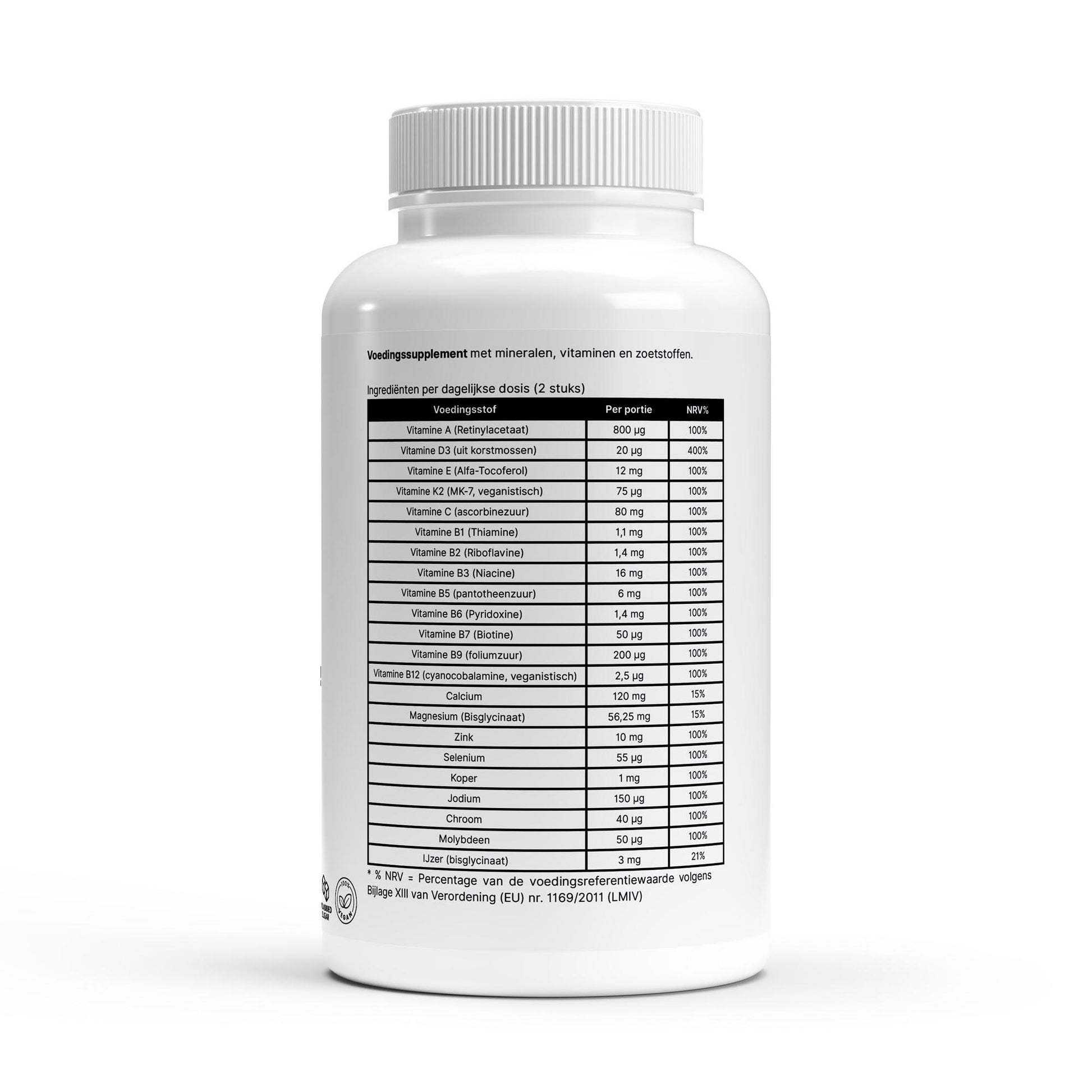 Multivitamine gummies label met doseringen van vitaminen en mineralen