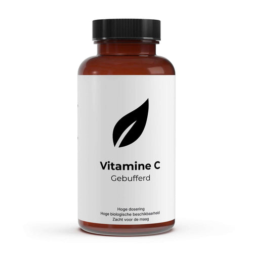 Fles met Vitamine C Gebufferd, hoog gedoseerd en zacht voor de maag, voor dagelijks gebruik.