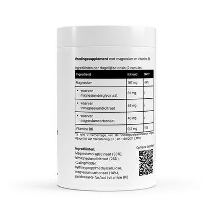 Witte plastic bus met magnesium bisglycinaat complex capsules, met ingrediënten