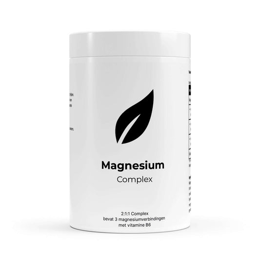 voorzijde witte plastic bus met magnesium bisglycinaat complex capsules