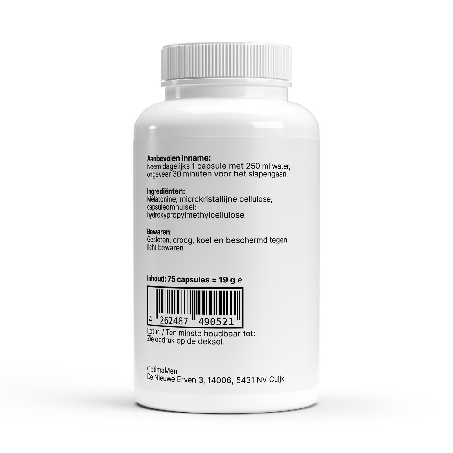 Melatonine capsule verpakking met gebruiksinformatie voor betere slaapkwaliteit en nachtelijke routine.