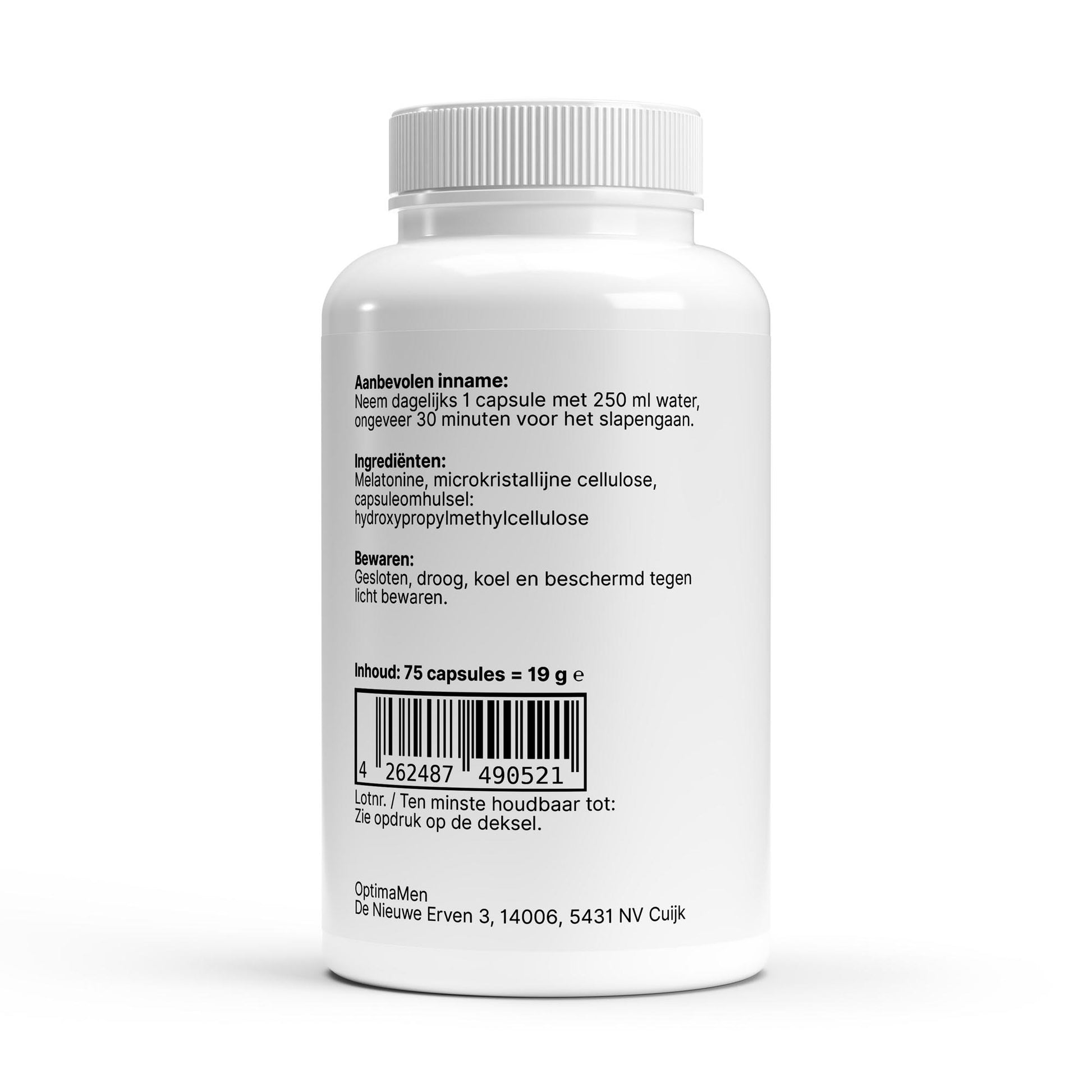 Melatonine capsule verpakking met gebruiksinformatie voor betere slaapkwaliteit en nachtelijke routine.