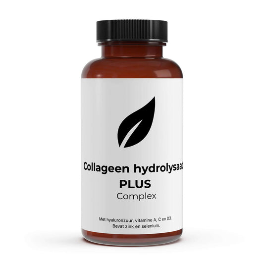 Voorzijde fles met collageenhydrolysaat met hyaluronzuur, vitamine A, C & D3 met selenium en zink.