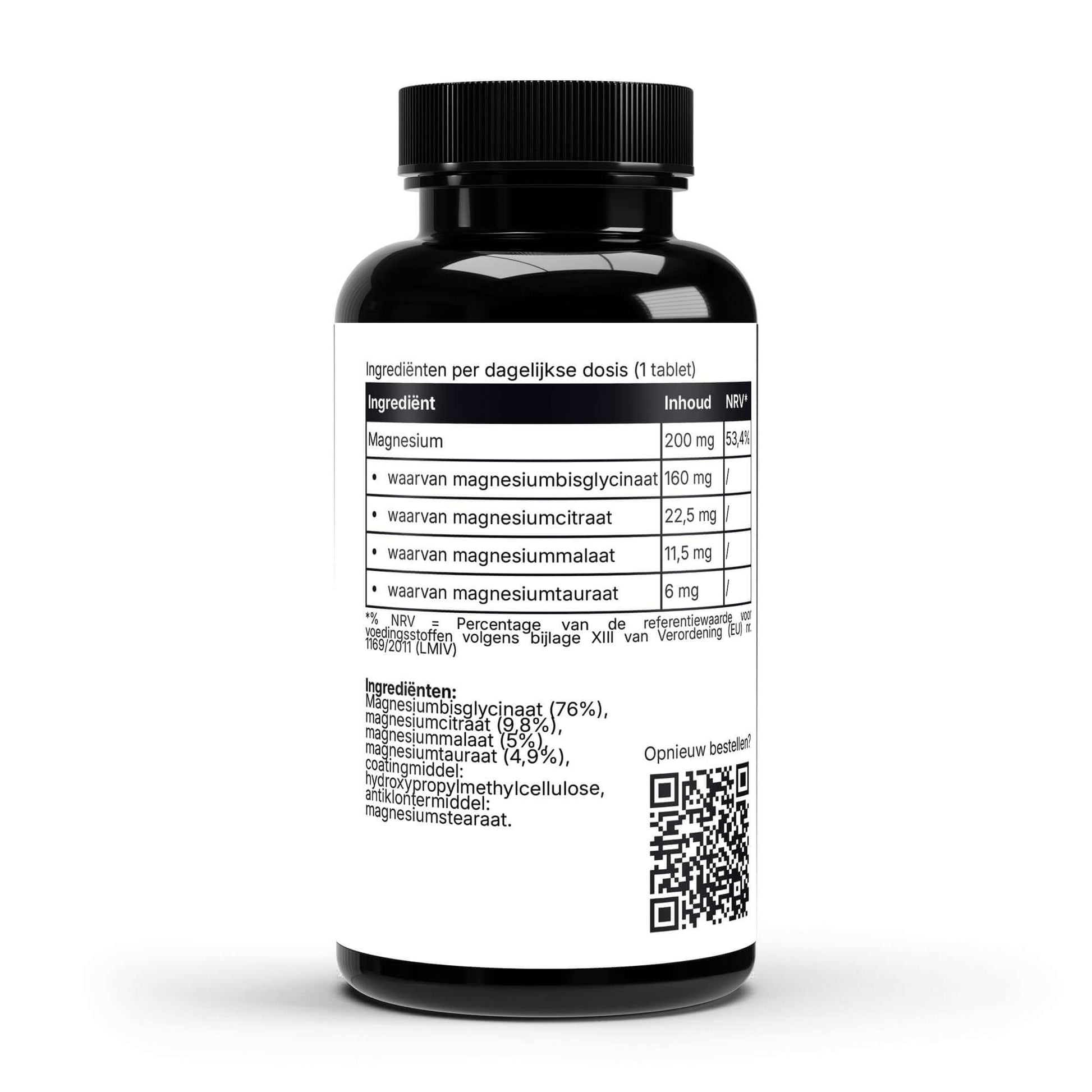 Magnesium voedingssupplement fles met ingrediëntenlijst en informatie over de 4 vormen van magnesium in dit supplement.