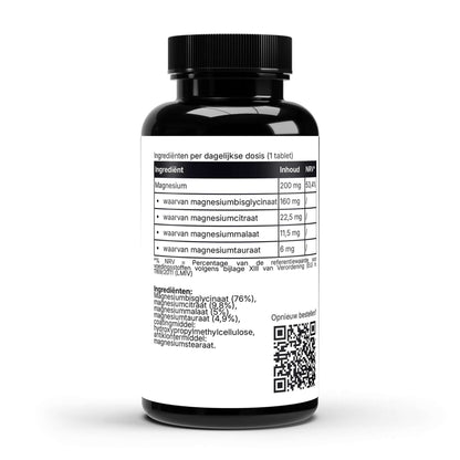Magnesium voedingssupplement fles met ingrediëntenlijst en informatie over de 4 vormen van magnesium in dit supplement.