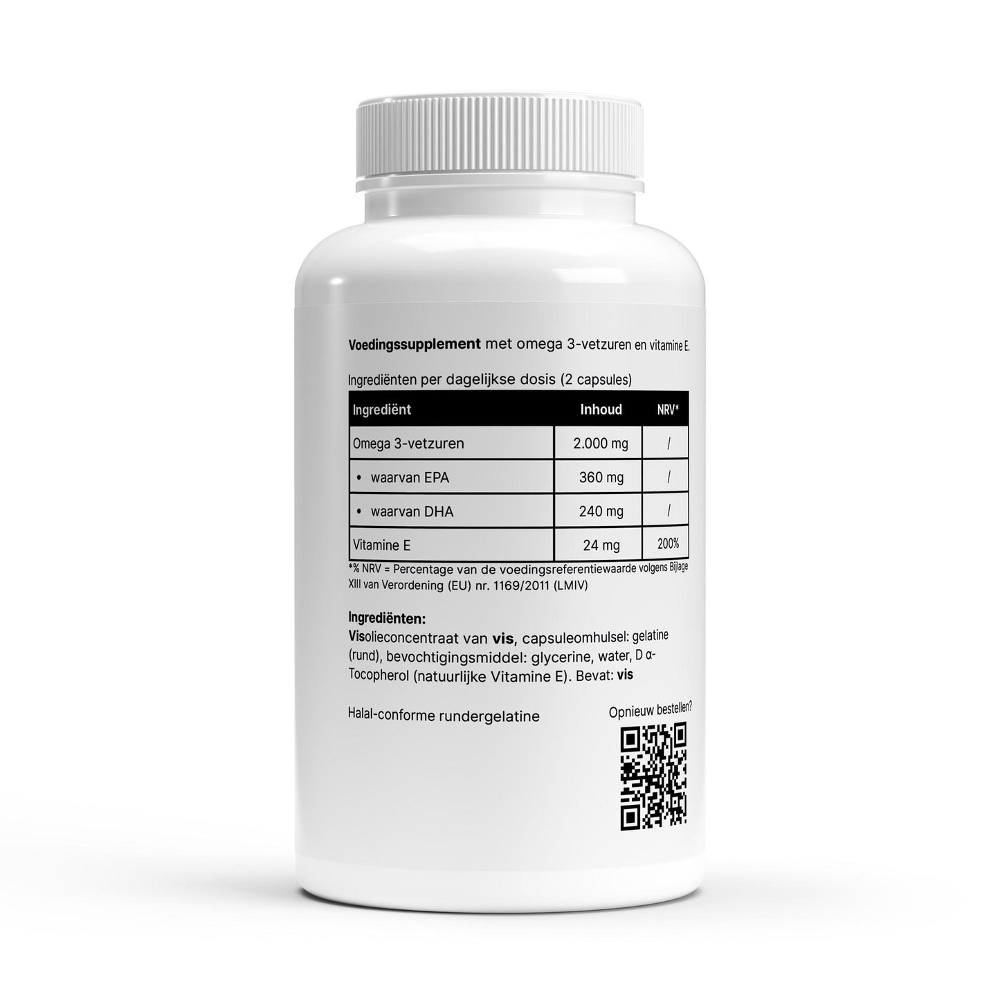 Omega 3 visolie voedingssupplement met omega 3-vetzuren en vitamine E in capsulevorm.