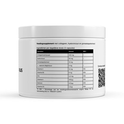 Witte plastic bus met collageen capsules, met ingrediënten informatie en dosering