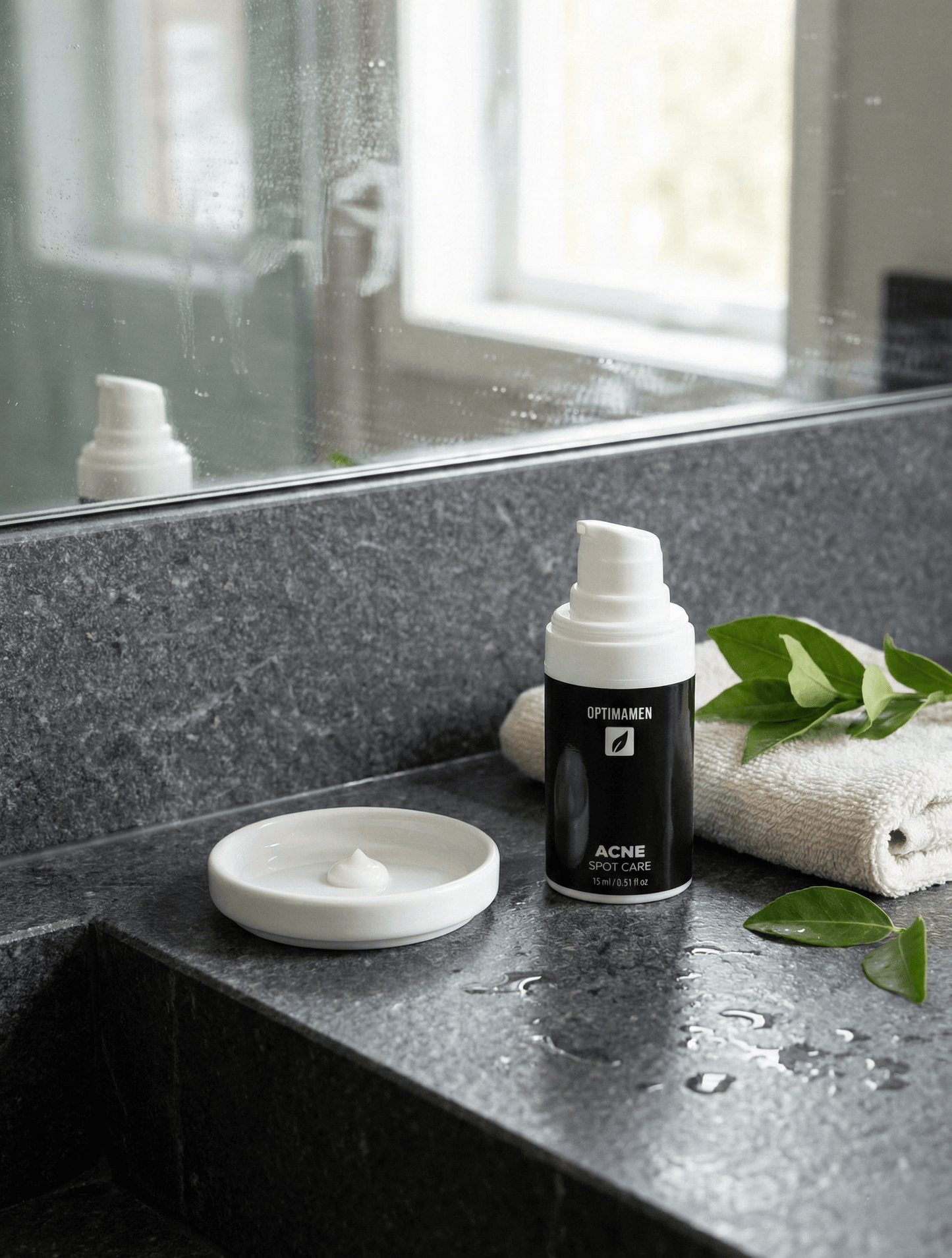 Acne spot care voor mannen van OPTIMAMEN - 30ml spot care tegen puistjes en onzuiverheden, gefotografeerd in een moderne badkamer.