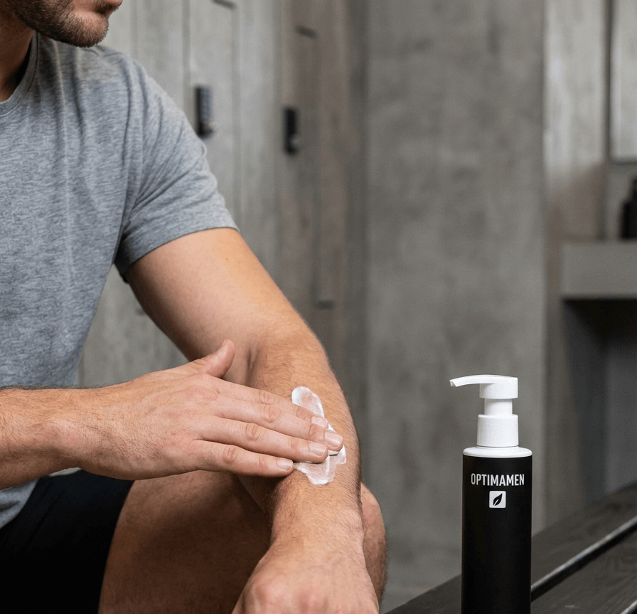 Huidverzorging voor mannen: het smeren van een body cream die irritatie vermindert en de huidbarrière versterkt.