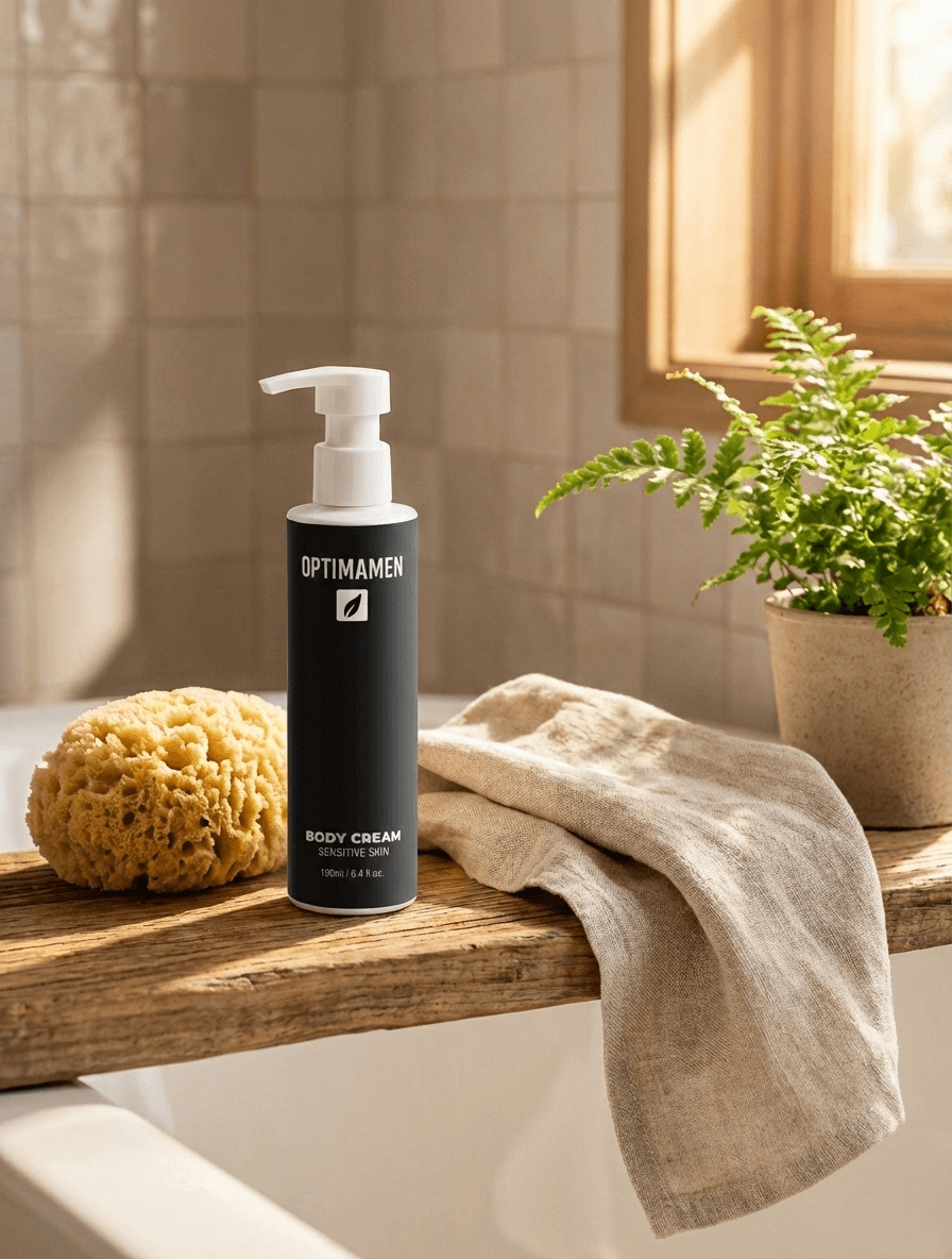 Hypoallergene bodycrème voor mannen van OPTIMAMEN - 190ml verpakking voor de dagelijkse verzorging van de droge en gevoelige huid.