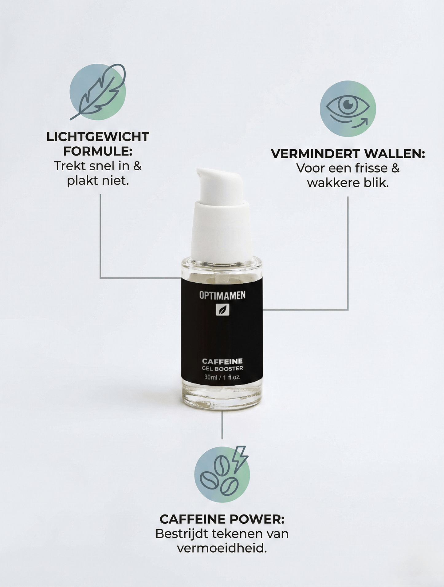 Voordelen van de OPTIMAMEN ooggel: krachtige cafeïne-boost voor de huid, diepe hydratatie en een direct verkoelend effect tegen vermoeide ogen.