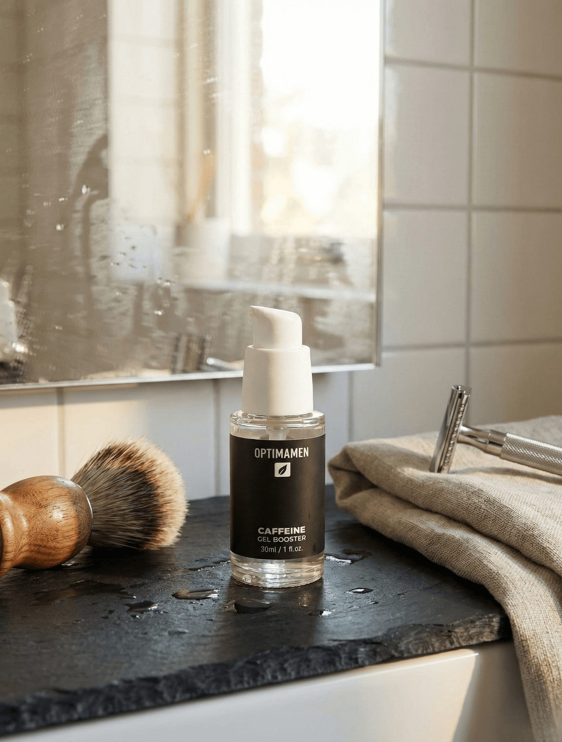 Ooggel voor mannen met cafeïne - 30ml flacon van OPTIMAMEN tegen wallen en donkere kringen, gefotografeerd in een luxe badkamersetting.