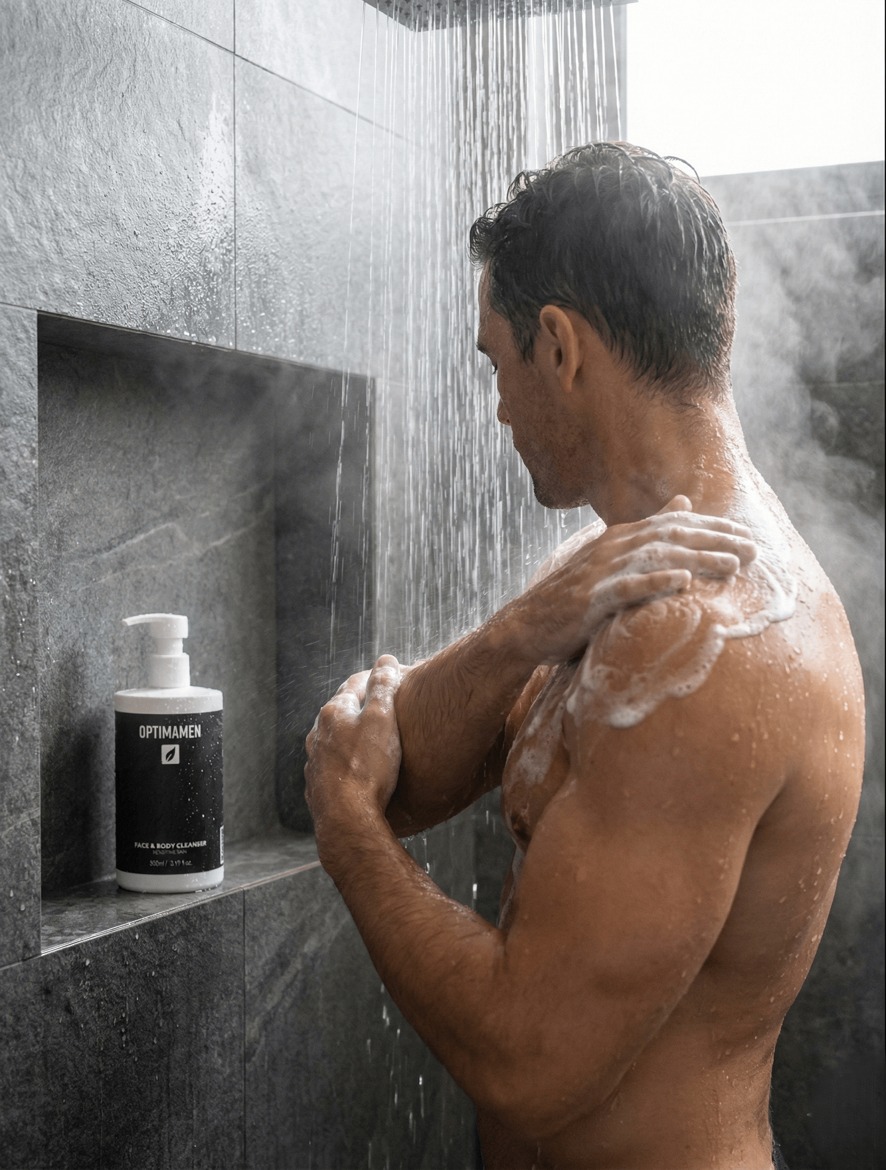 Gezichtsreiniger en douchegel voor mannen van OPTIMAMEN - 390ml flacon voor een diepe reiniging van gezicht en lichaam.