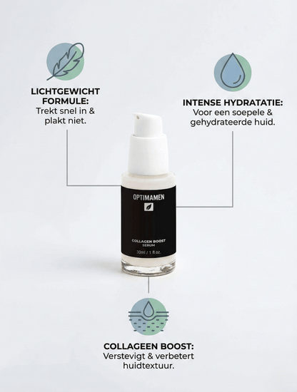 Voordelen van OPTIMAMEN Collagen Boost Serum: snelle absorptie, diepe hydratatie en verbeterde huidelasticiteit door collageen boost.