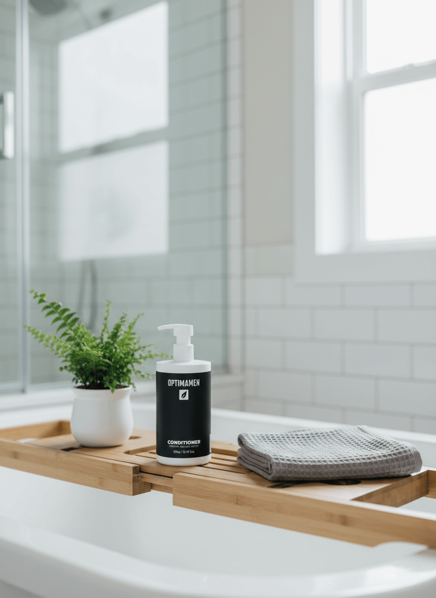 Volume conditioner voor mannen met keratine - 390ml verpakking van OPTIMAMEN voor sterker en dikker haar, gefotografeerd in een luxe badkamer.