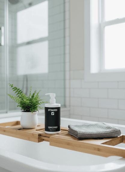 Volume conditioner voor mannen met keratine - 390ml verpakking van OPTIMAMEN voor sterker en dikker haar, gefotografeerd in een luxe badkamer.