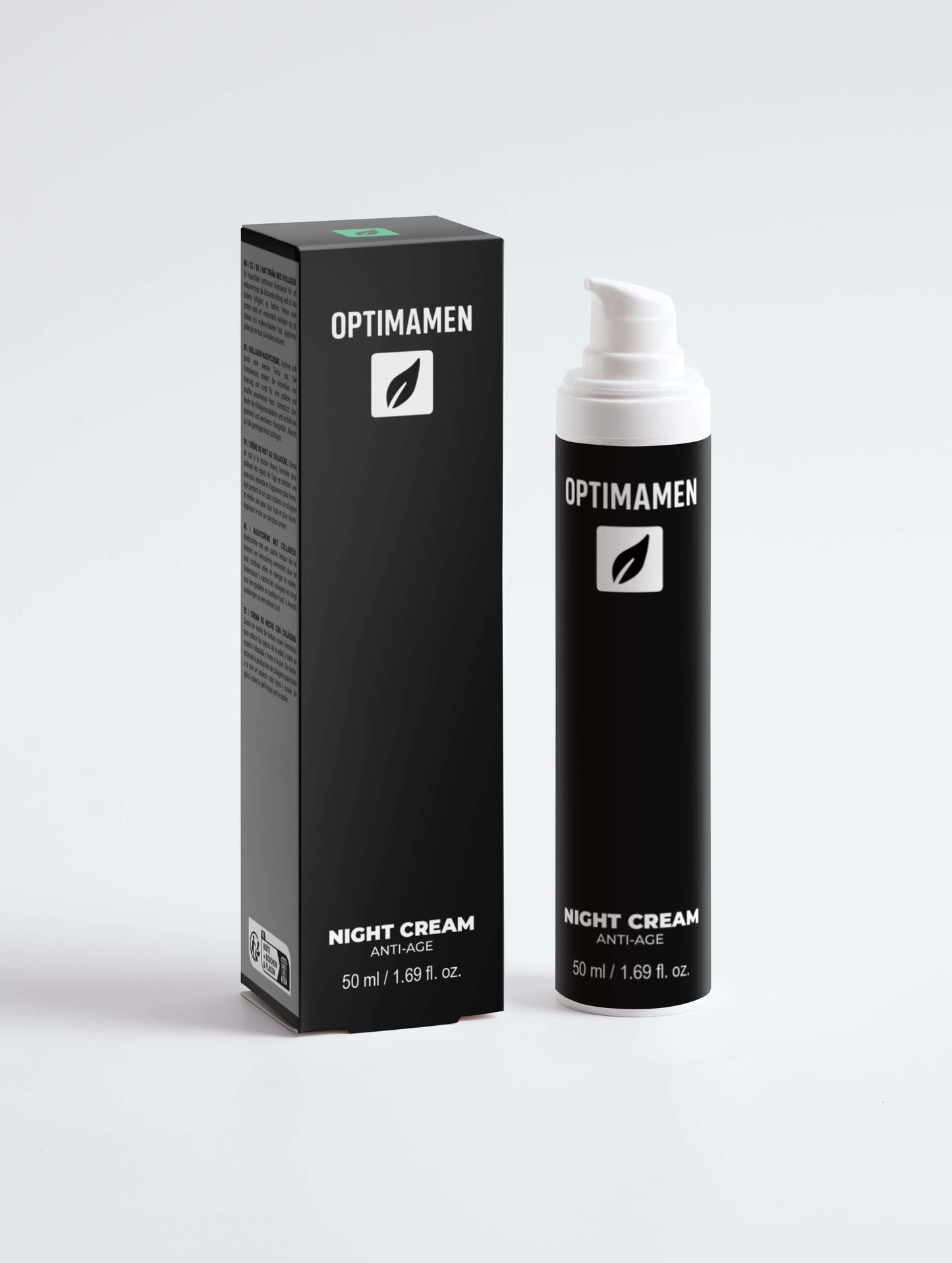 Anti age nachtcrème voor mannen in een zwarte pompflesje met zwarte verpakking