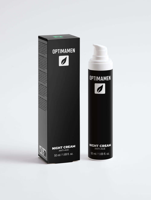 Anti age nachtcrème voor mannen in een zwarte pompflesje met zwarte verpakking