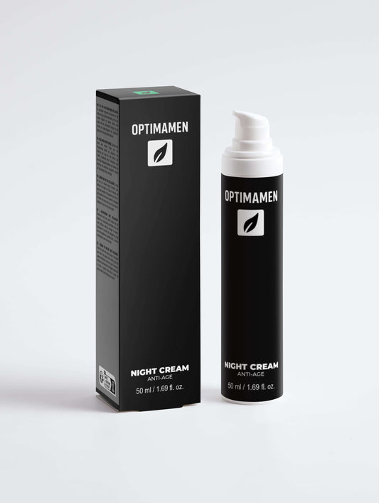 Anti age nachtcrème voor mannen in een zwarte pompflesje met zwarte verpakking