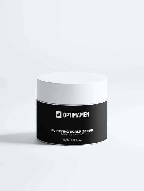 Purifying Scalp Scrub, Rosemary & Mint in a sleek packaging by OPTIMAMEN.