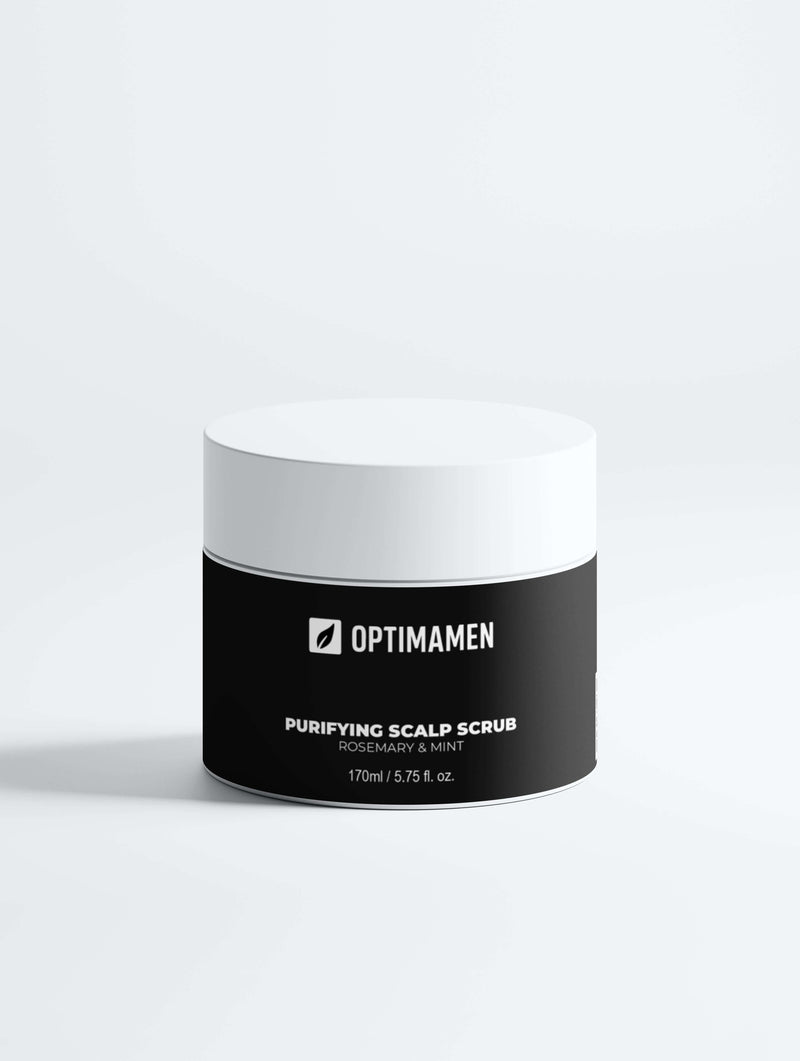 Purifying Scalp Scrub, Rosemary & Mint in a sleek packaging by OPTIMAMEN.