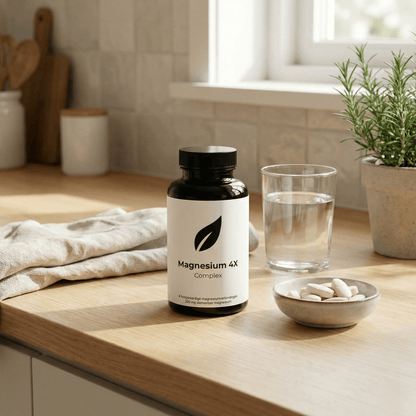 Magnesium 4X Complex van OptimaMen - 200 mg elementair magnesium met 4 verbindingen, lifestyle afbeelding in de keuken.