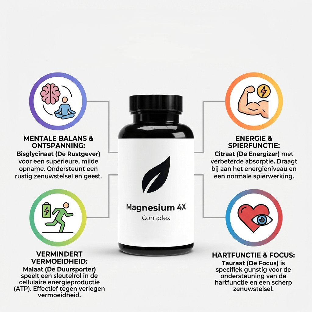 Voordelen van Magnesium 4X Complex: 200 mg elementair magnesium, ondersteunt het energieniveau en draagt bij aan een goede geestelijke balans.