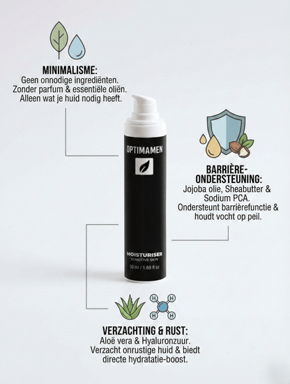 Voordelen van de OPTIMAMEN moisturizer voor gevoelige huid: versterkt de huidbarrière en is dermatologisch verantwoord.