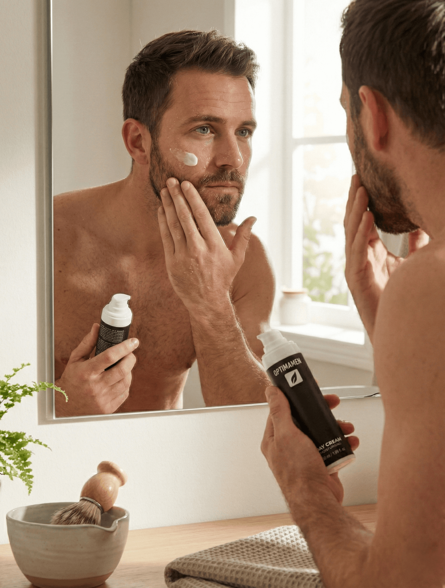 Gezichtsverzorging voor mannen: het aanbrengen van hydraterende dagcrème voor bescherming en verzorging.