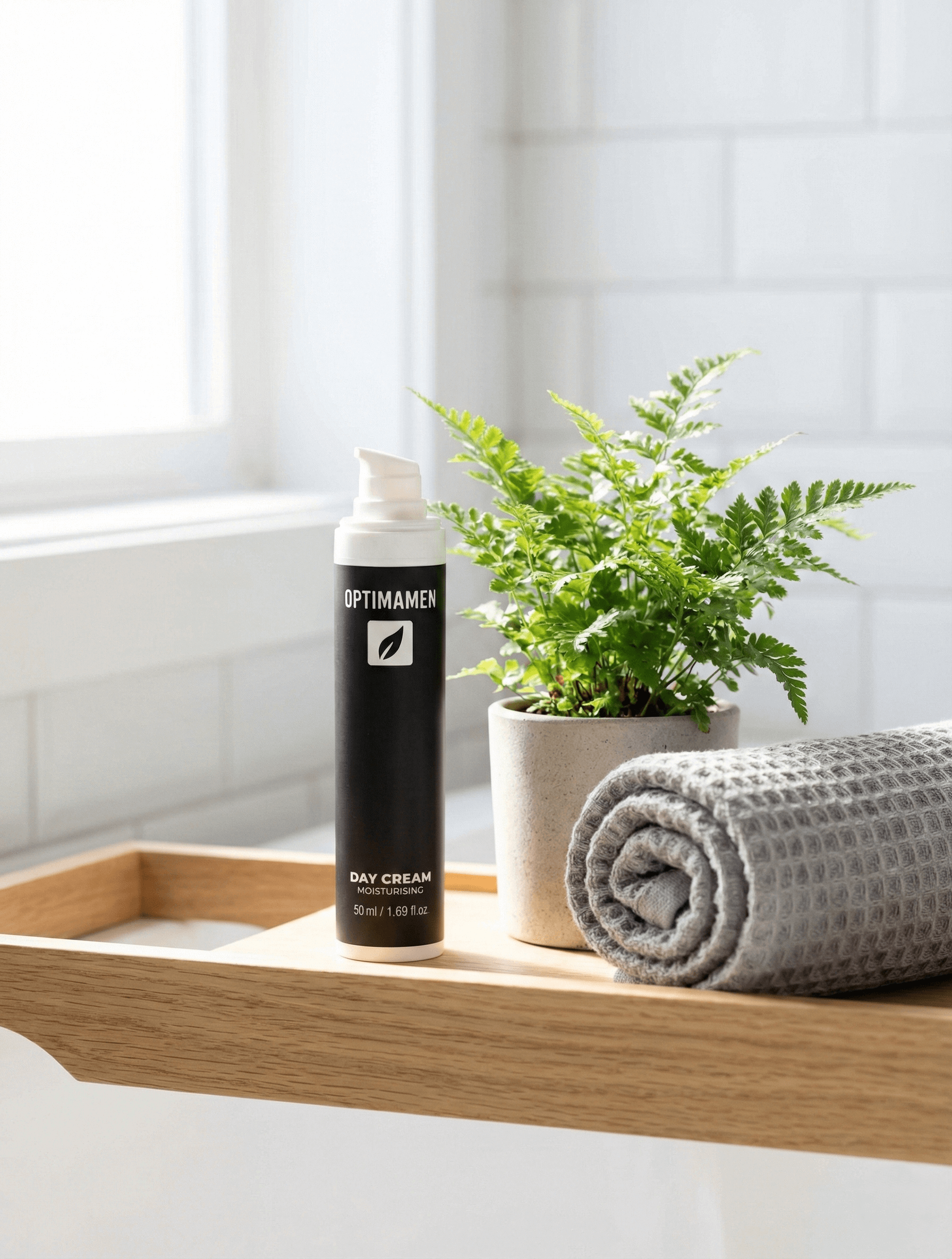 Hydraterende dagcrème voor mannen van OPTIMAMEN - 50ml verpakking voor een verzorgde huid, gefotografeerd in een luxe badkamersetting.