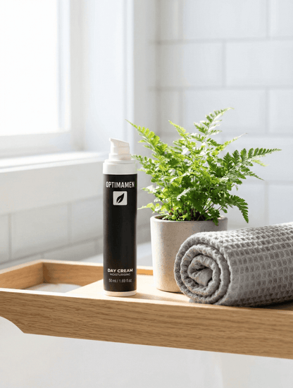 Hydraterende dagcrème voor mannen van OPTIMAMEN - 50ml verpakking voor een verzorgde huid, gefotografeerd in een luxe badkamersetting.
