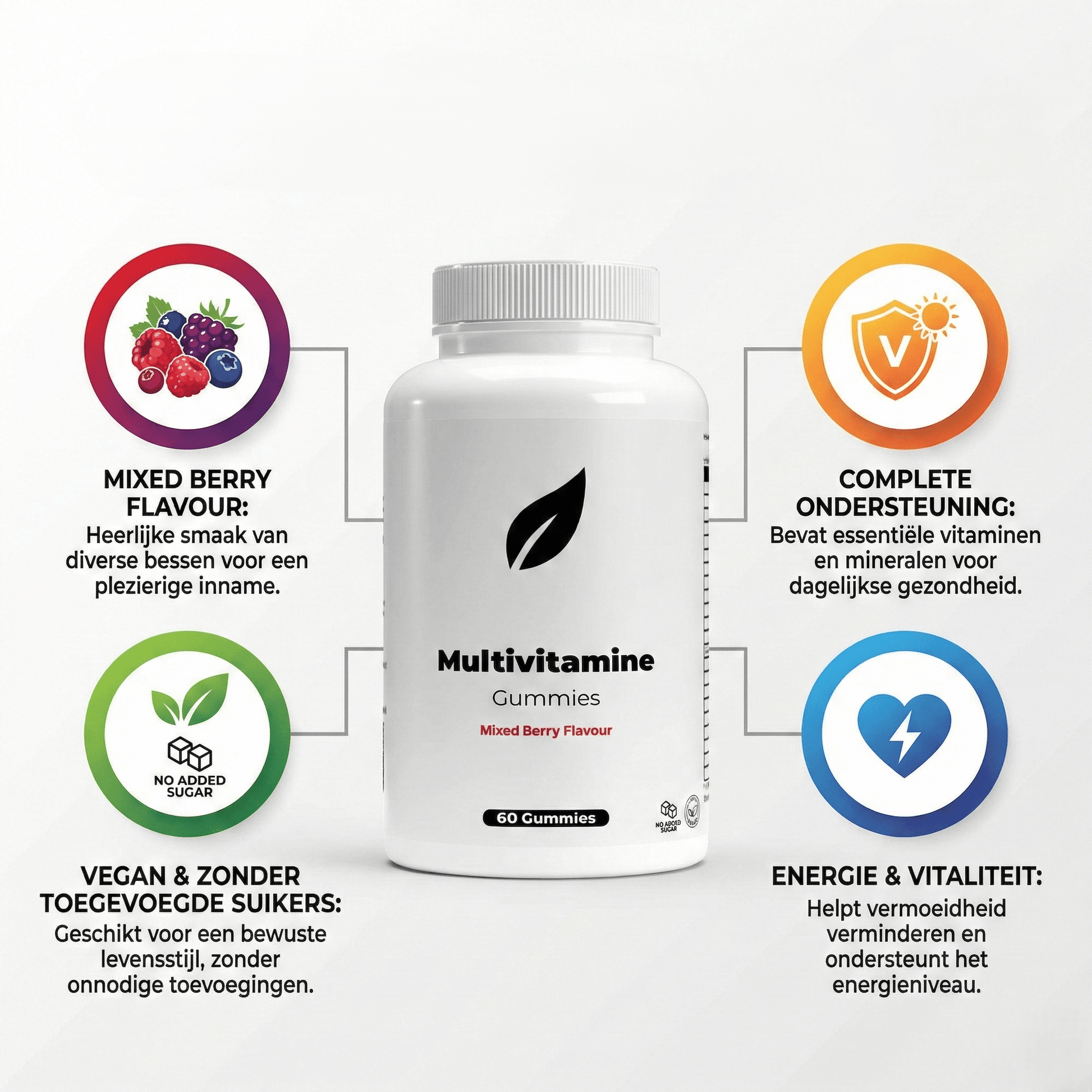 Voordelen van Multivitamine Gummies: complete dagelijkse ondersteuning, helpt vermoeidheid verminderen en is geschikt voor een bewuste, vegan levensstijl.