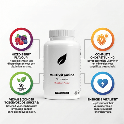 Voordelen van Multivitamine Gummies: complete dagelijkse ondersteuning, helpt vermoeidheid verminderen en is geschikt voor een bewuste, vegan levensstijl.