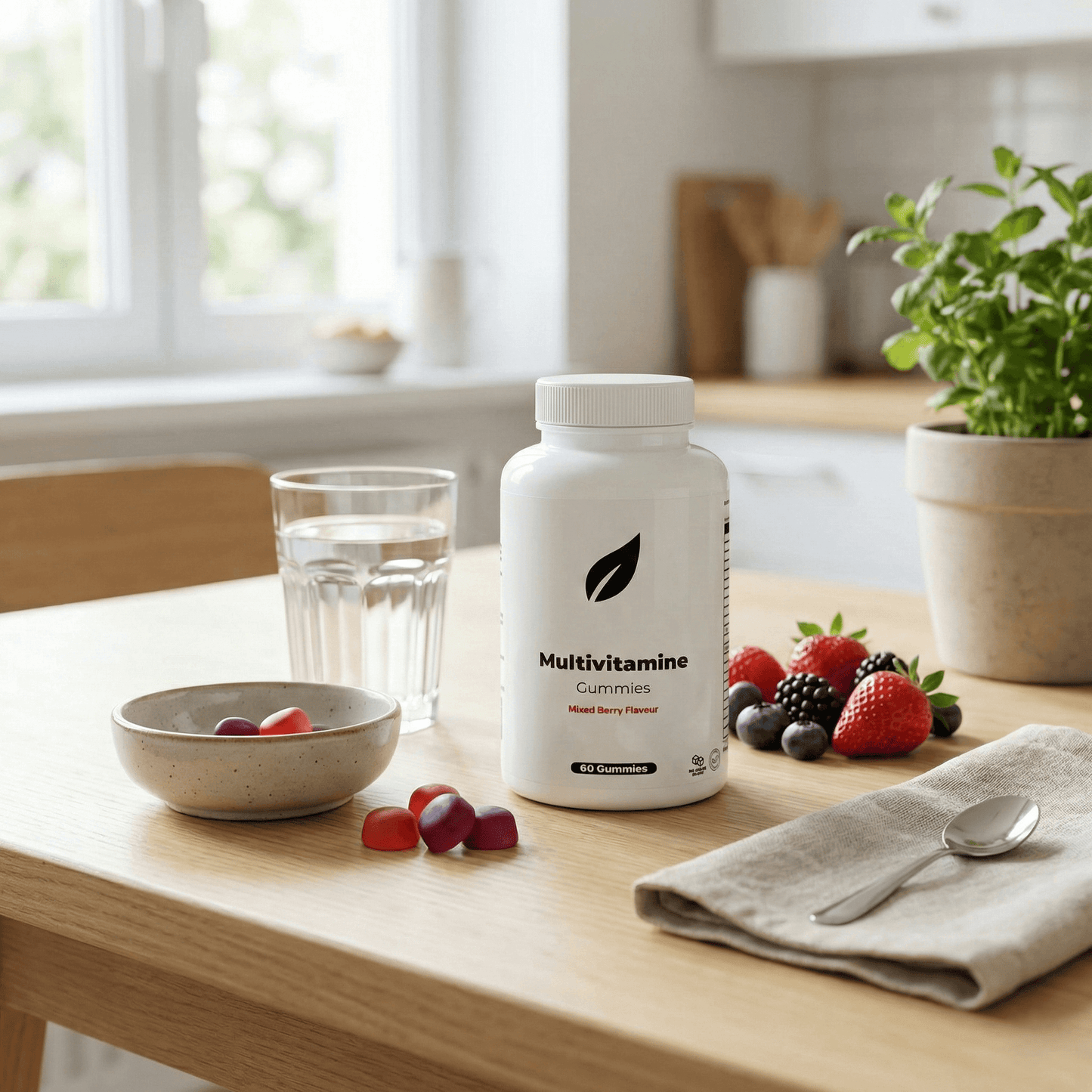 Vegan multivitamine gummies met bosvruchtensmaak - lifestyle afbeelding in een lichte keuken met 60 suikervrije gummies voor dagelijkse ondersteuning.