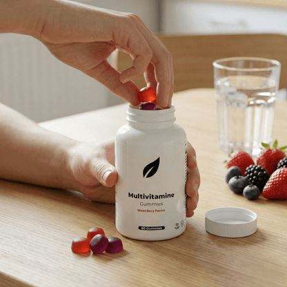 Het innemen van een vegan multivitamine gummy zonder toegevoegde suikers - Mixed Berry smaak voor energie en vitaliteit.