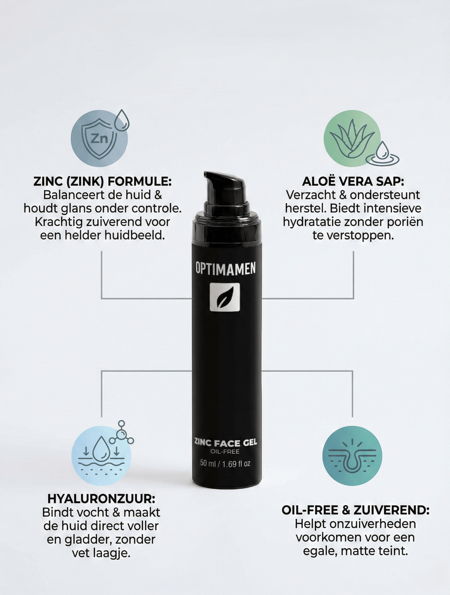 Voordelen van OPTIMAMEN Zinc Face Gel: olievrije formule, gaat een glimmende huid tegen en kalmeert irritaties dankzij actieve zink.