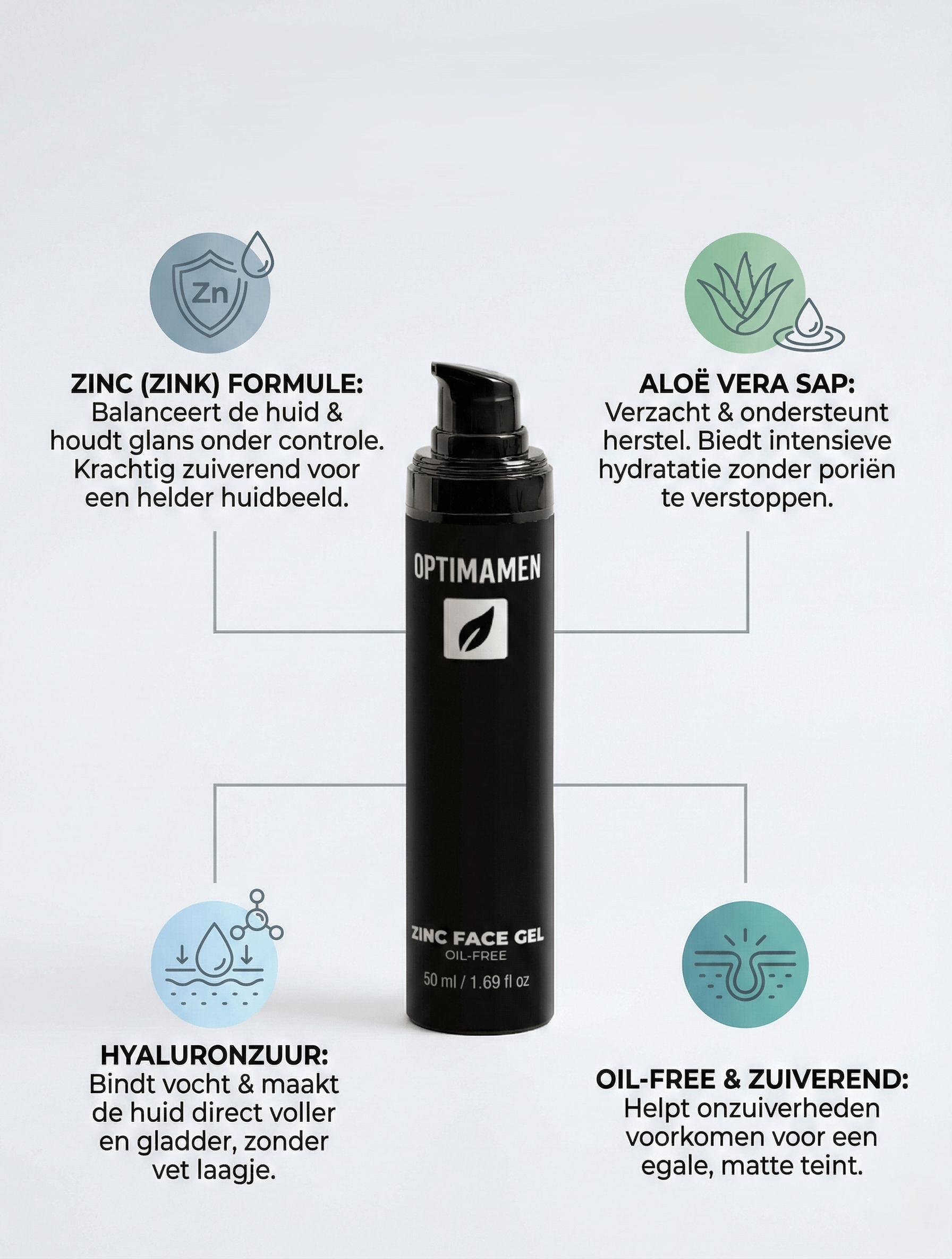 Voordelen van OPTIMAMEN Zinc Face Gel: olievrije formule, gaat een glimmende huid tegen en kalmeert irritaties dankzij actieve zink.