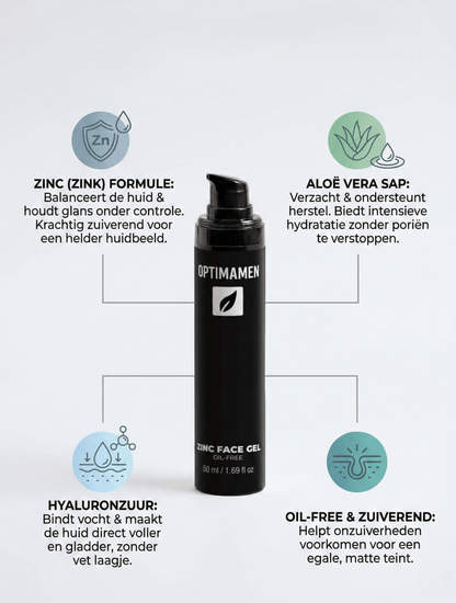 Voordelen van OPTIMAMEN Zinc Face Gel: olievrije formule, gaat een glimmende huid tegen en kalmeert irritaties dankzij actieve zink.