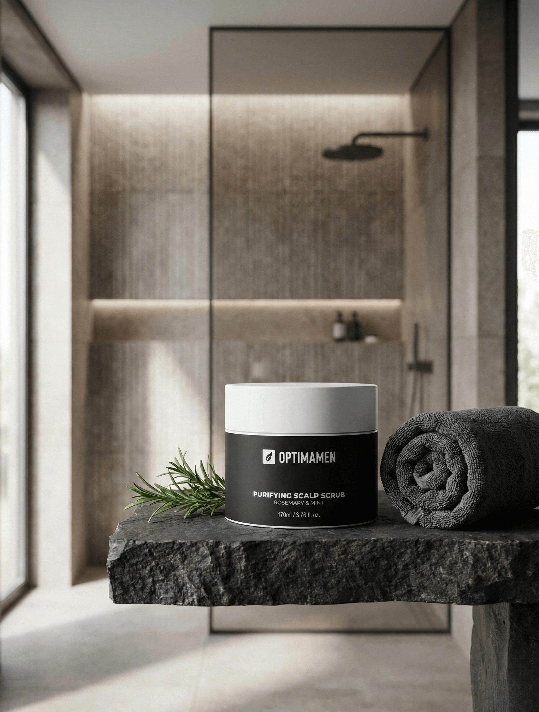 Hoofdhuid scrub voor mannen met rozemarijn en mint - 170ml verpakking van OPTIMAMEN voor een diepe reiniging en verfrissing van de hoofdhuid.