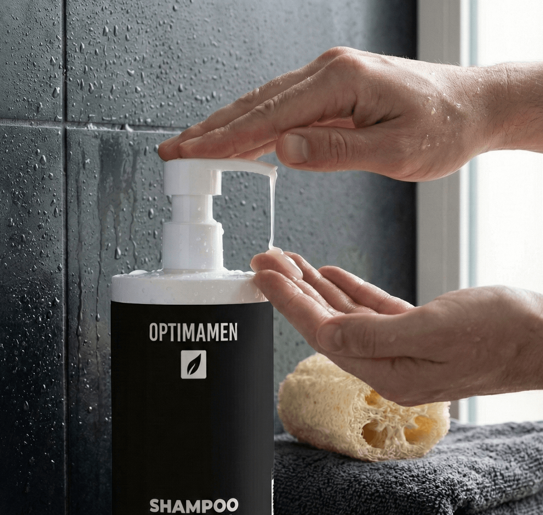 Volume shampoo voor mannen met keratine - 390ml flacon van OPTIMAMEN voor dikker en sterker haar, gefotografeerd in een luxe badkamersetting.